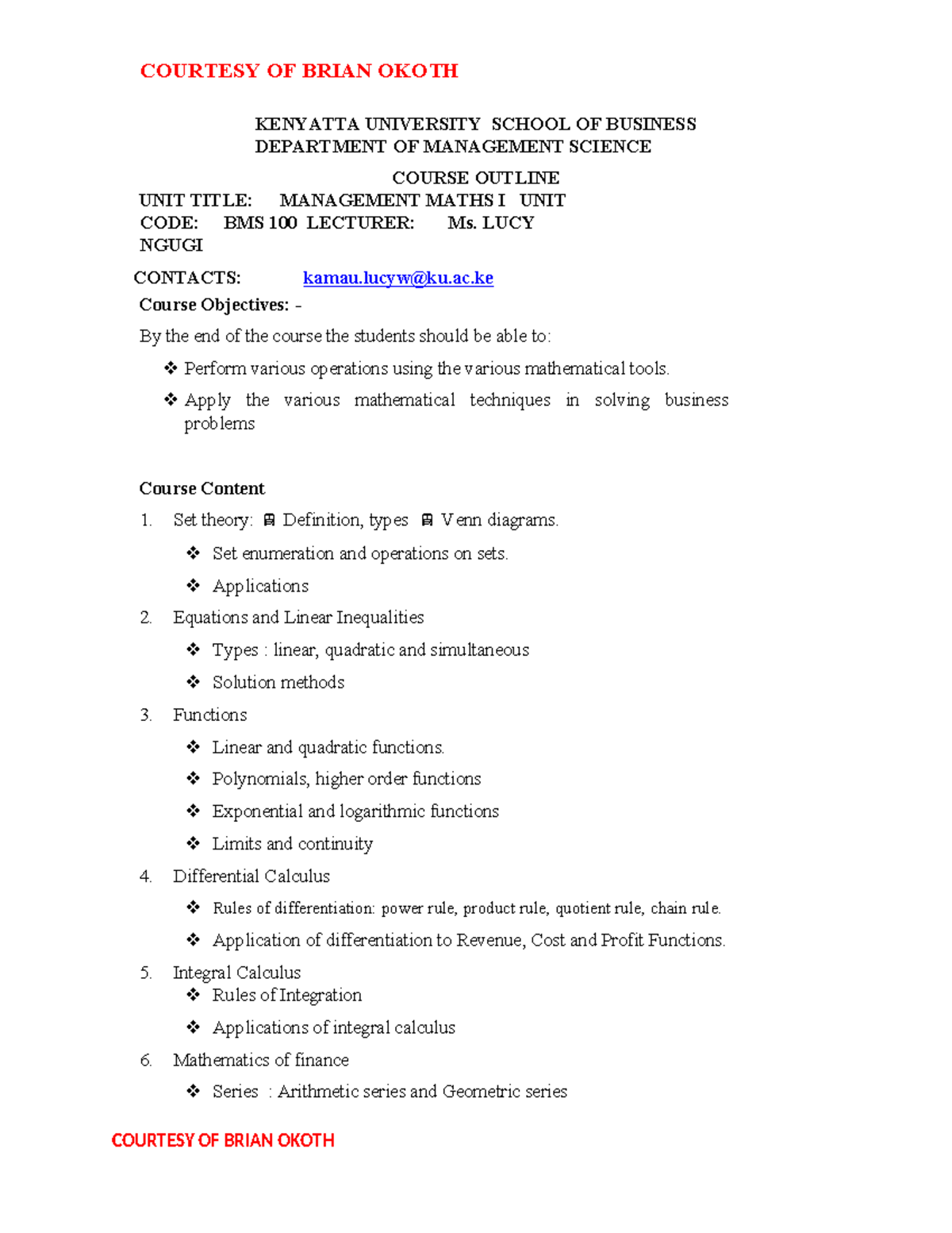 BMS 100 Management Maths I Course Notes and Exam Preparation - Studocu