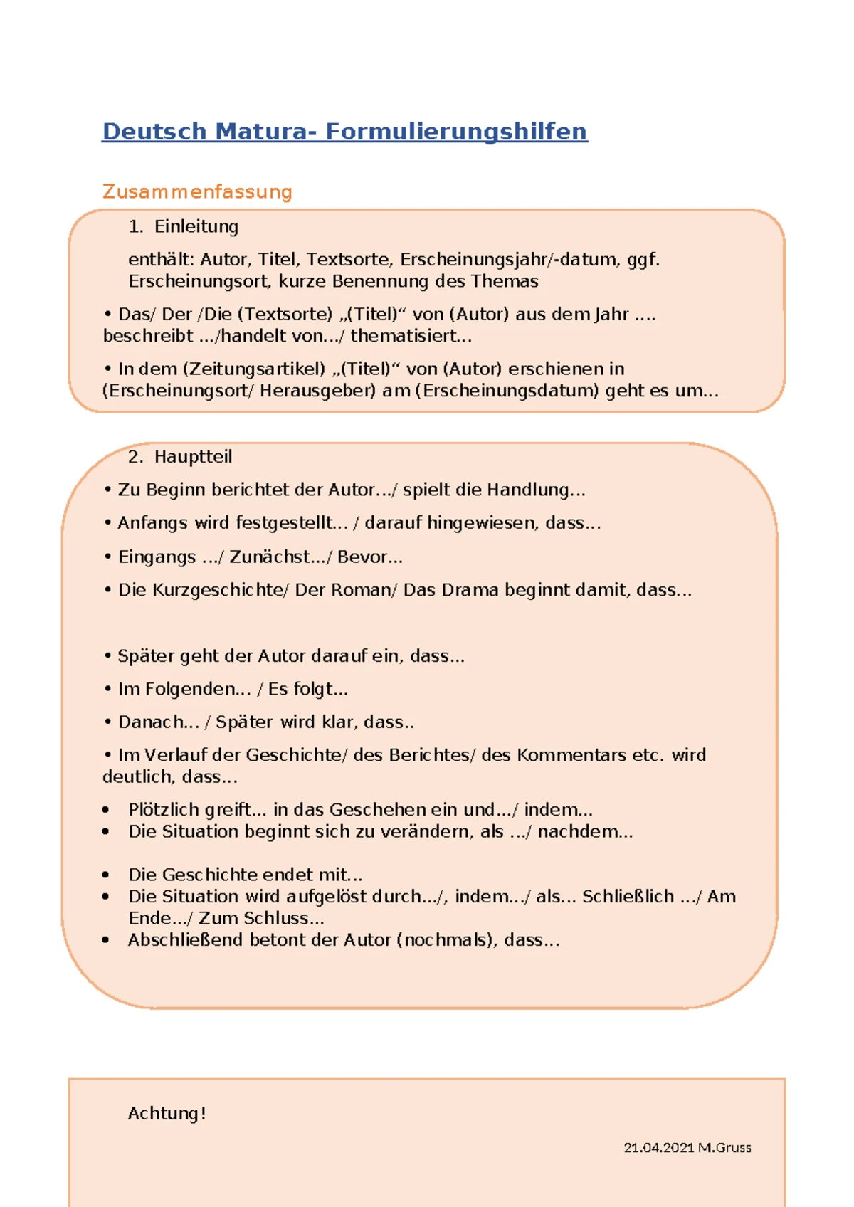 Formulierungshilfen Für Schulberichte & Zeugnisse Deutsch Matura Formulierungshilfen - Deutsch Matura
