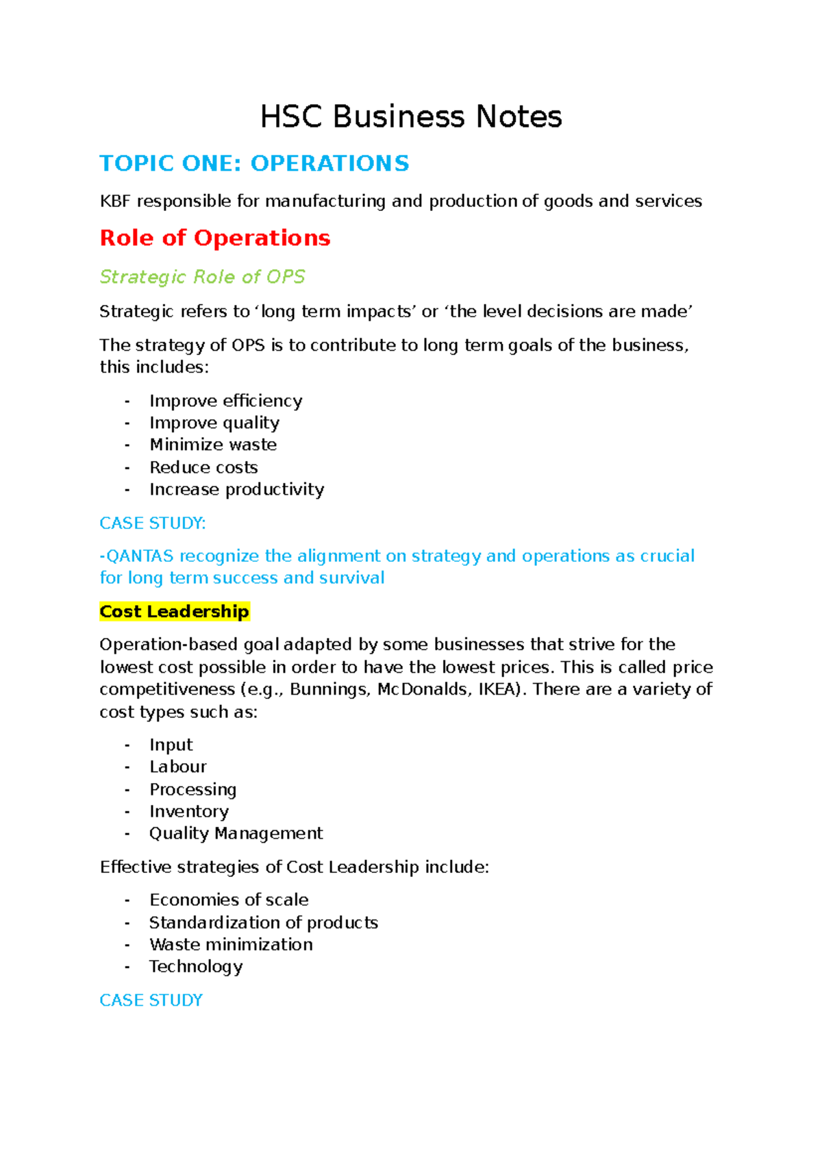 HSC Business Notes: Operations and Finance Overview - Studocu