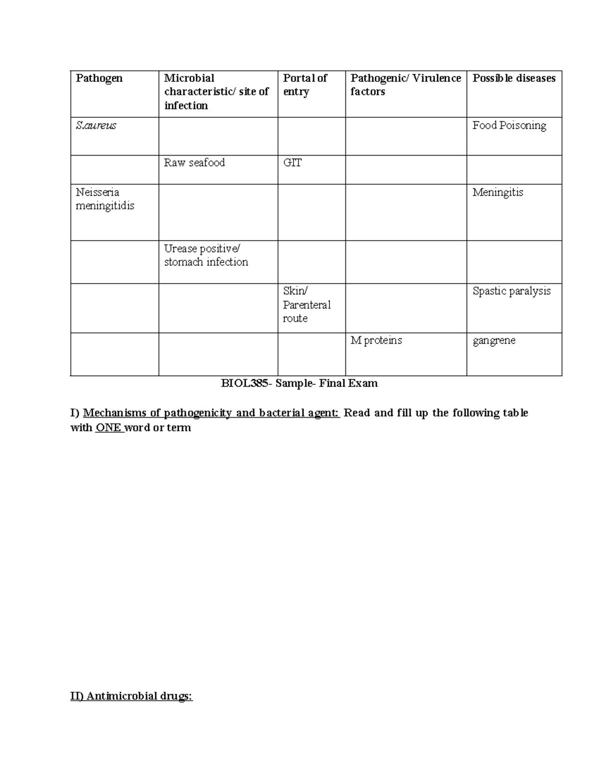 BIOL385 Sample Final Exam Overview - Spring 2024 - Studocu