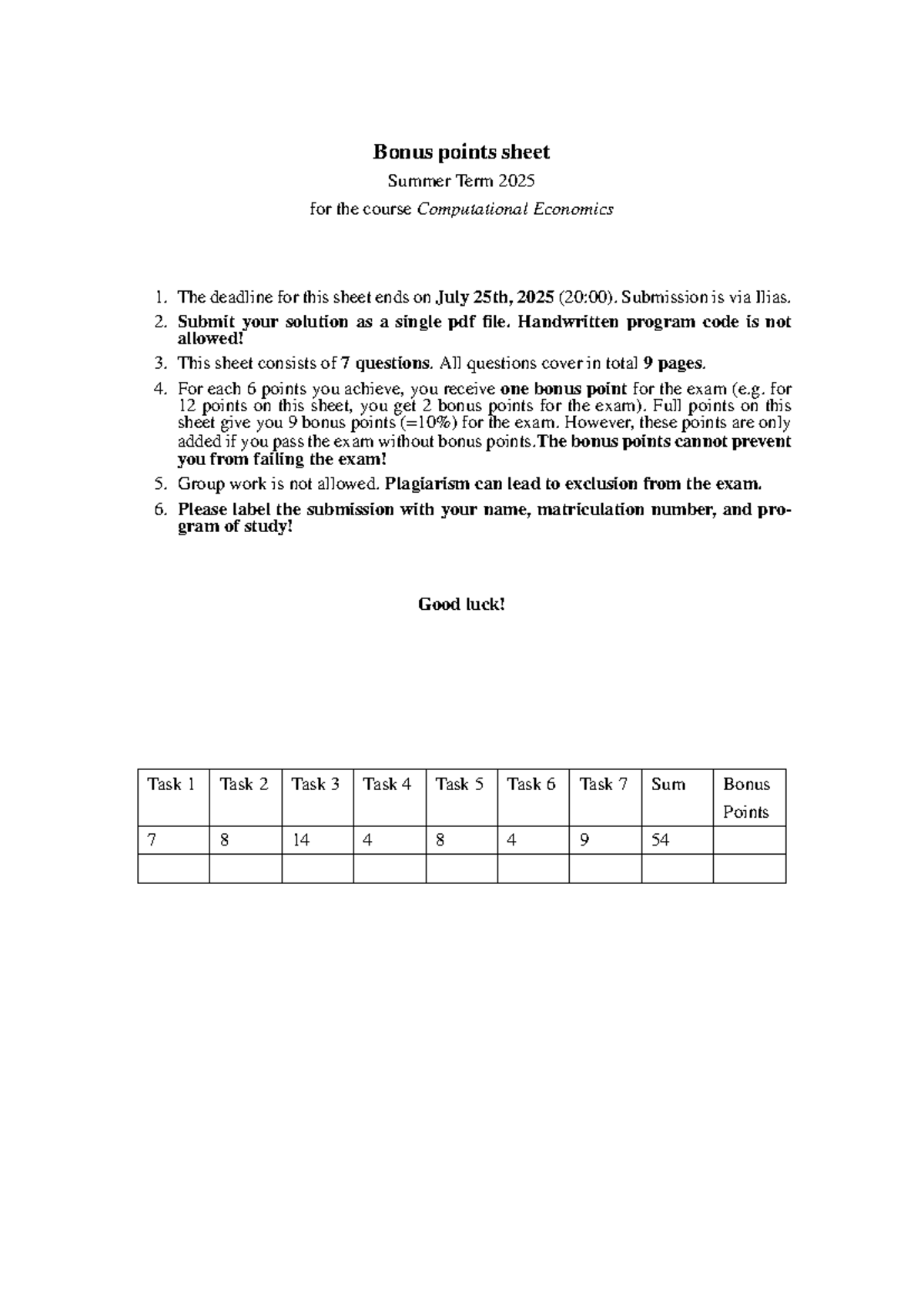 Bonus Points Sheet for Computational Economics 1 - Summer 2025 - Studocu