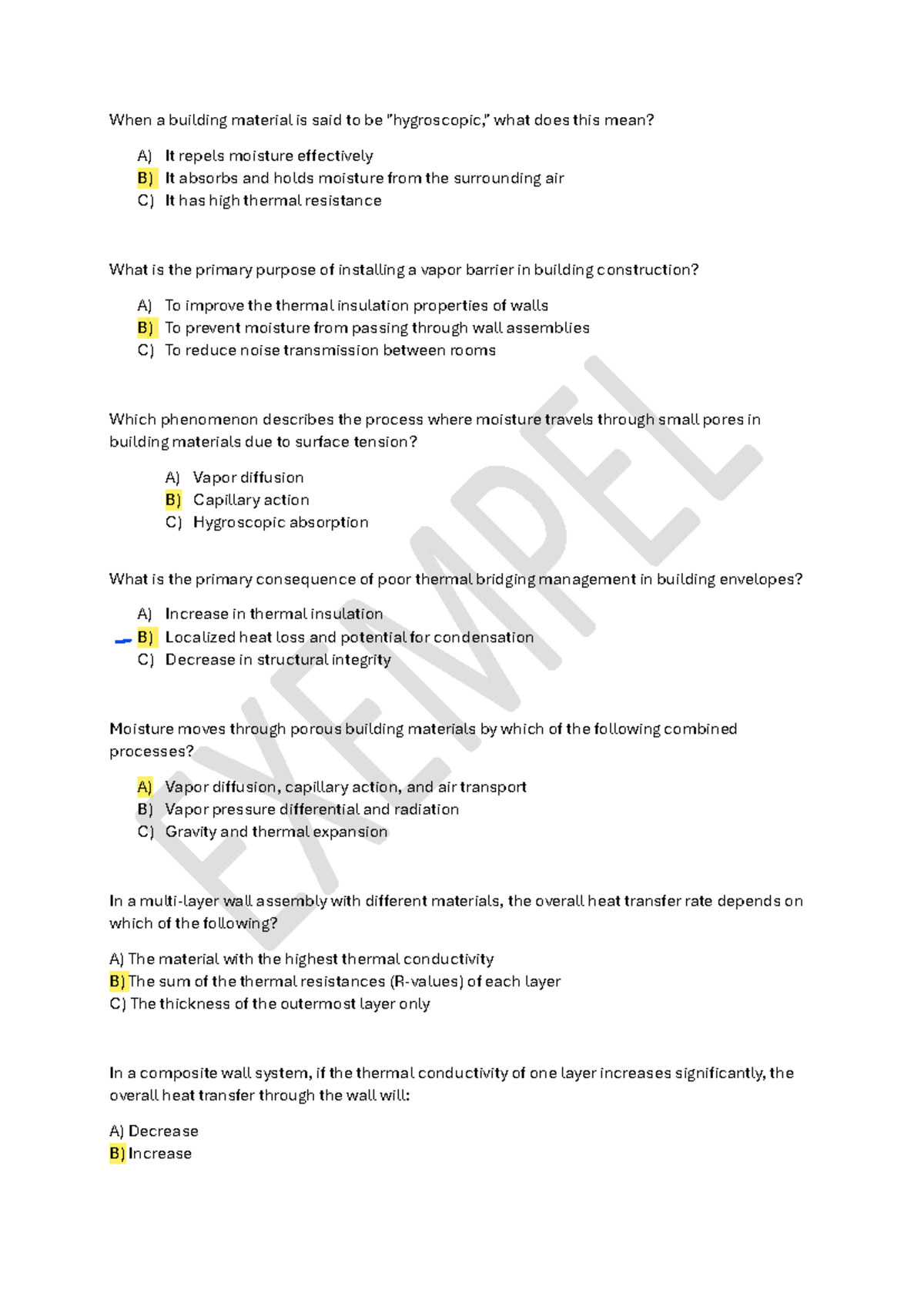 Example Exam Questions for Building Materials (Course Code: BM101 ...