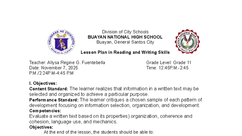 Grade 11 Lesson Plan: Reading and Writing Skills (BUAYAN) - Studocu