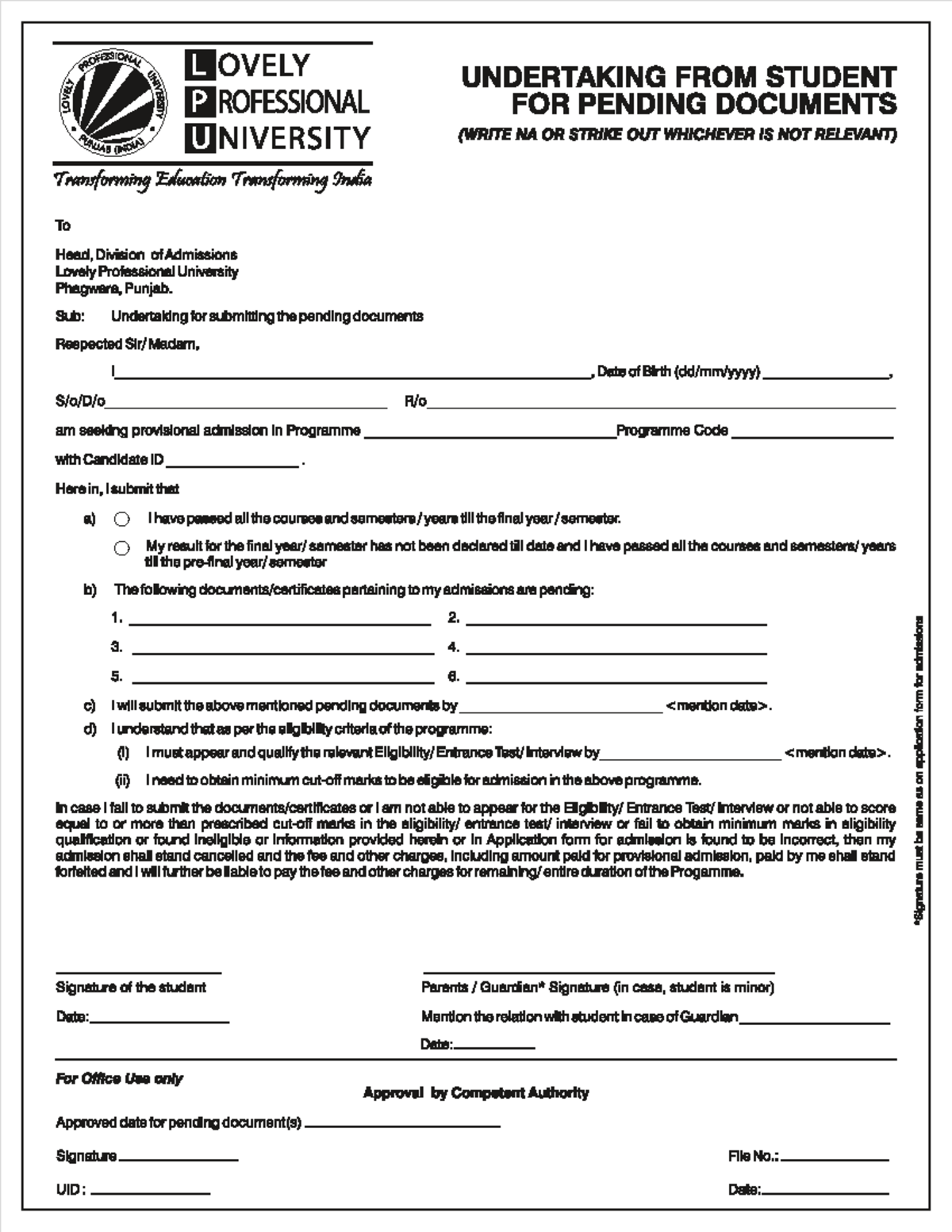 Undertaking/Declaration Sample for Pending Docs 2025 - Studocu