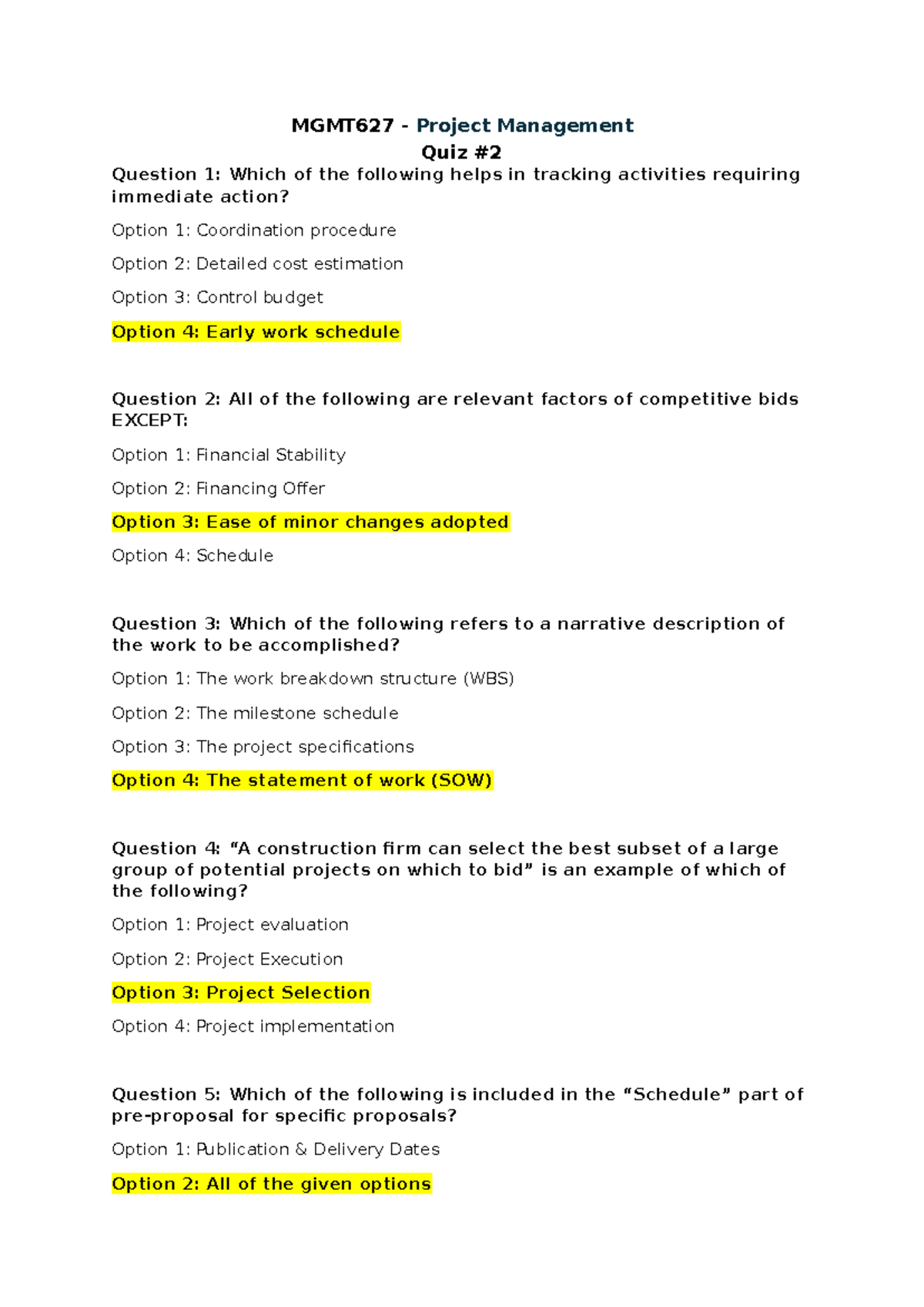 MGMT627 Quiz #2 - Project Management Questions and Answers - Studocu