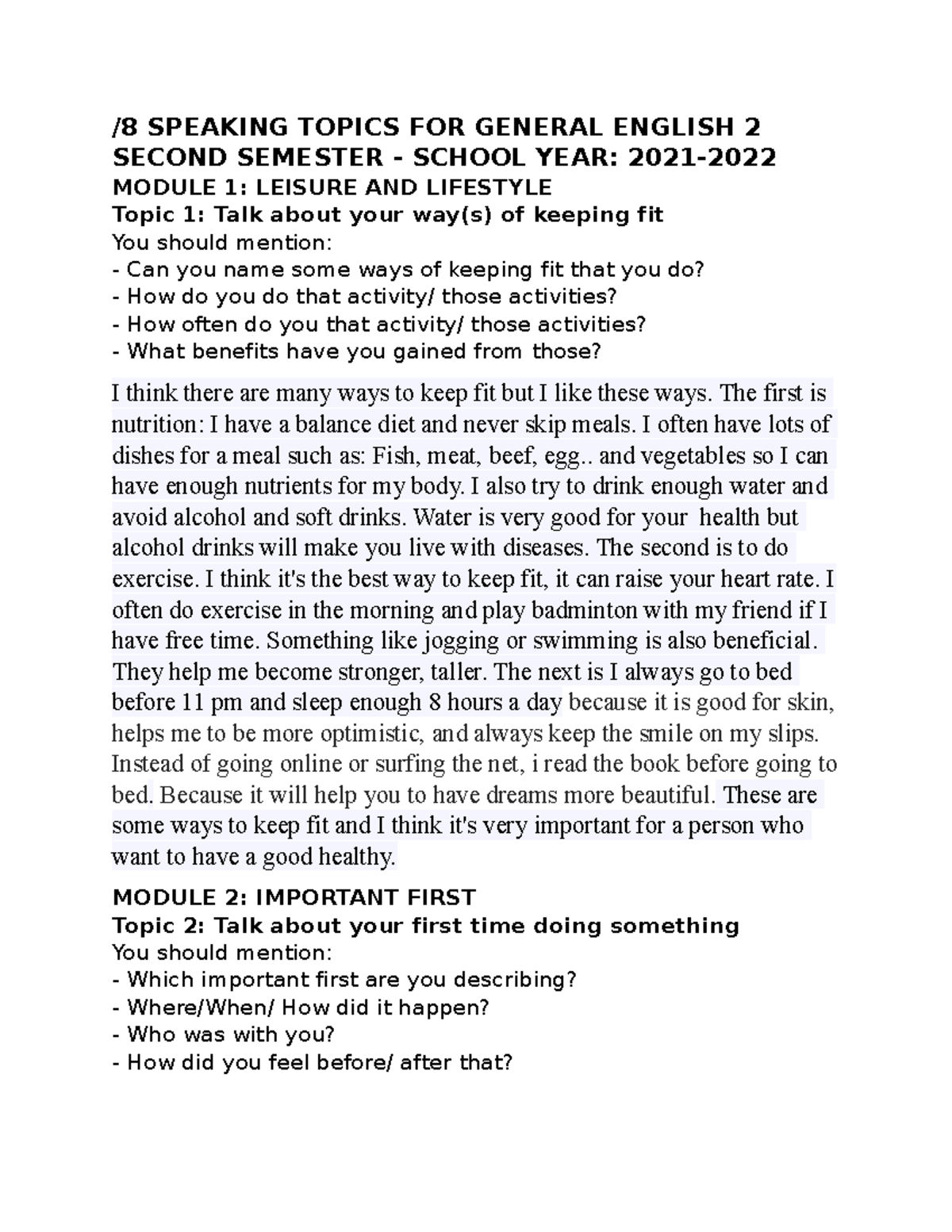 8 Speaking Topics FOR General English 2 - /8 SPEAKING TOPICS FOR ...