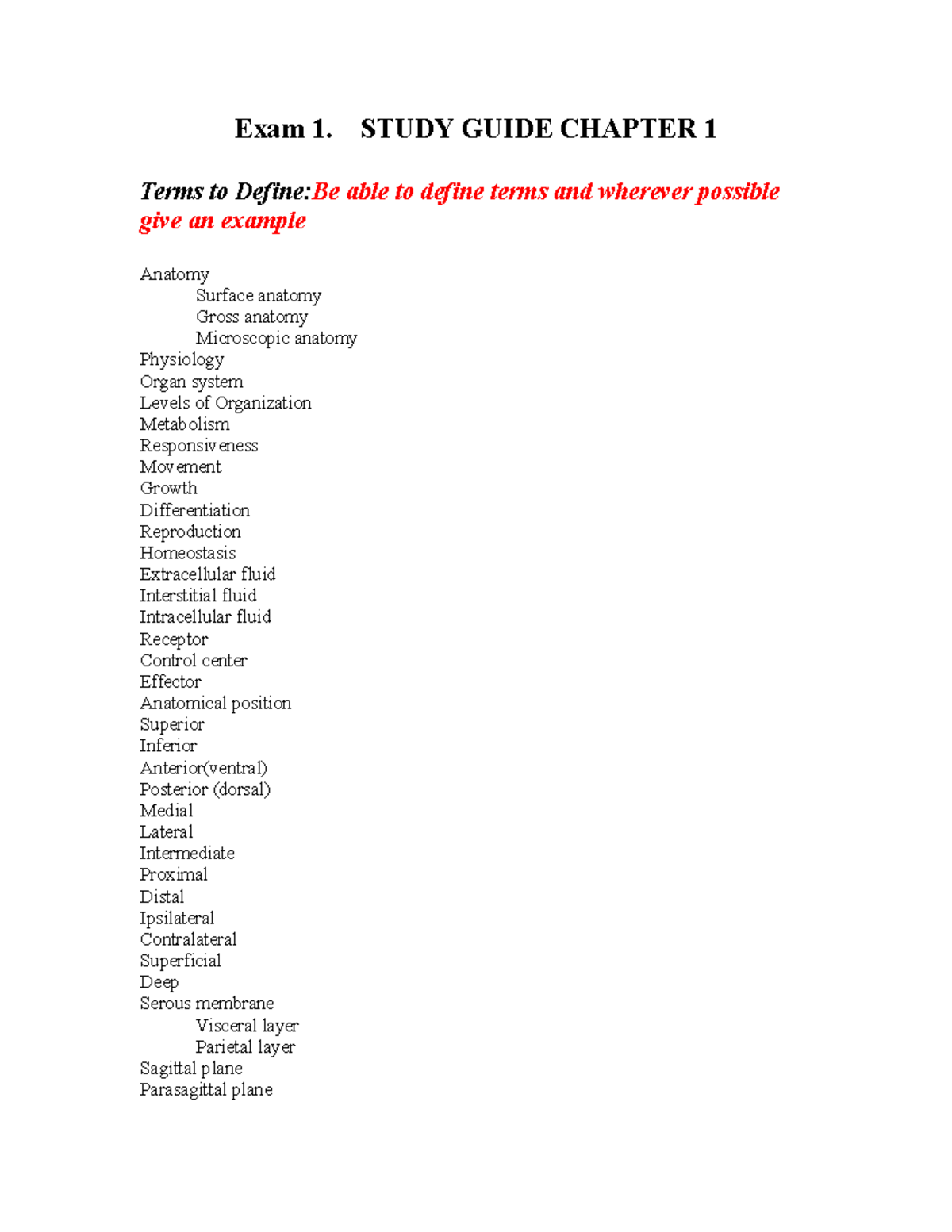 EXAM 1 - Study Guide for Chapter 1: Anatomy and Physiology Terms - Studocu