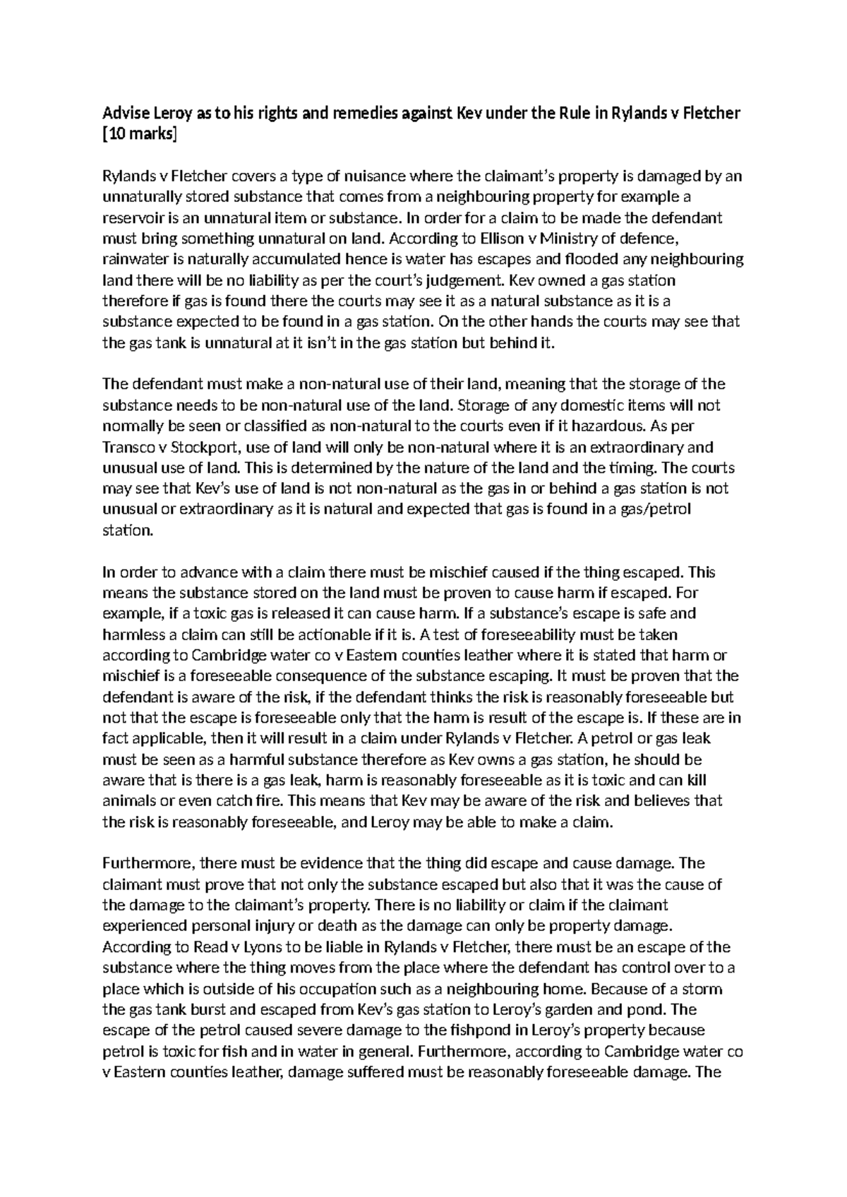 Law 10 Assignment: Rylands v Fletcher Rights and Remedies Analysis ...