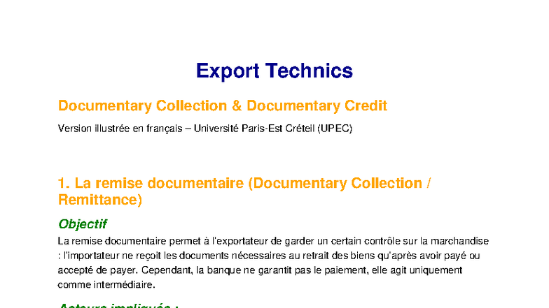 Export Technics UPEC: Documentary Collection & Credit Overview - Studocu