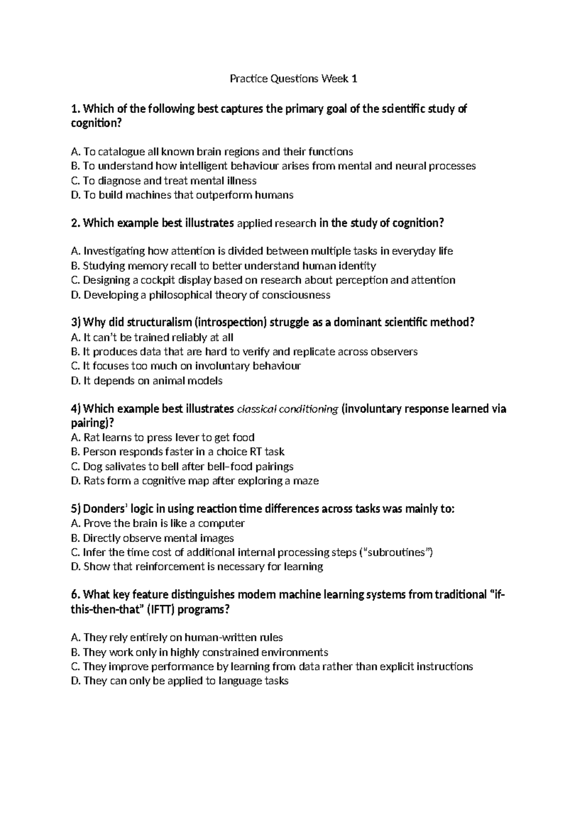 Practice Questions Week 1: Cognitive Science Insights - Studocu