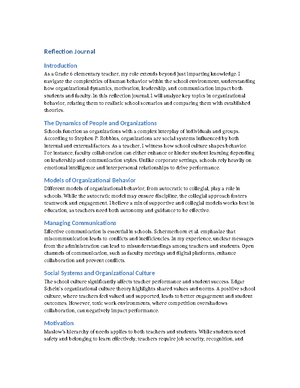 Reflection journal - Reflection Journal Introduction As a Grade 6 ...