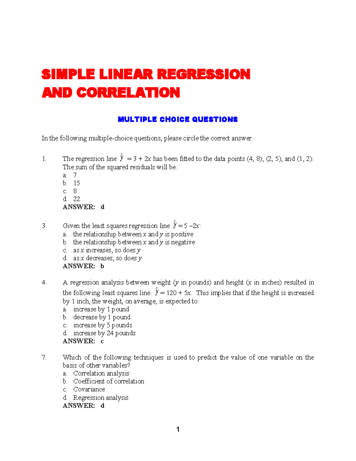 STATISTICS 101: SIMPLE LINEAR REGRESSION & CORRELATION MCQs - Studocu