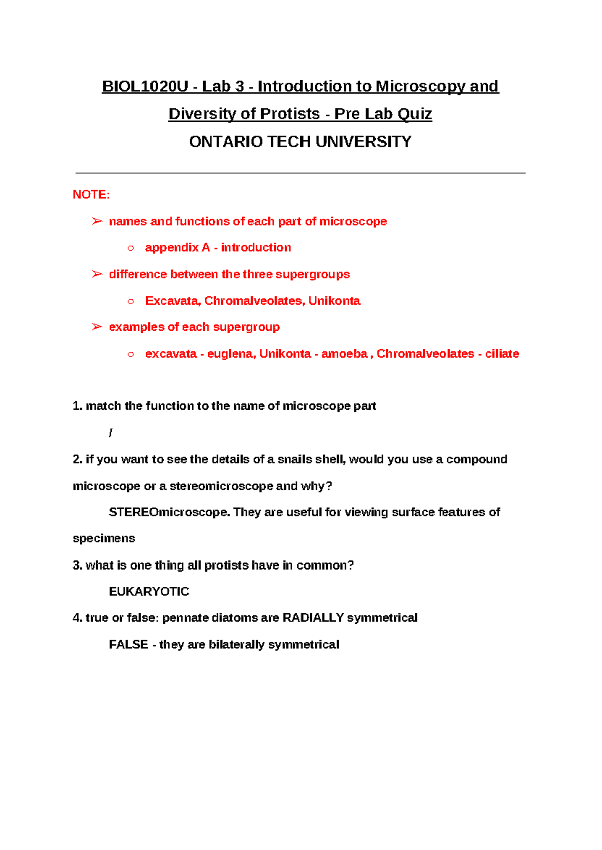BIOL1020U Lab 3 Pre Lab Quiz: Microscopy & Protist Diversity - Studocu