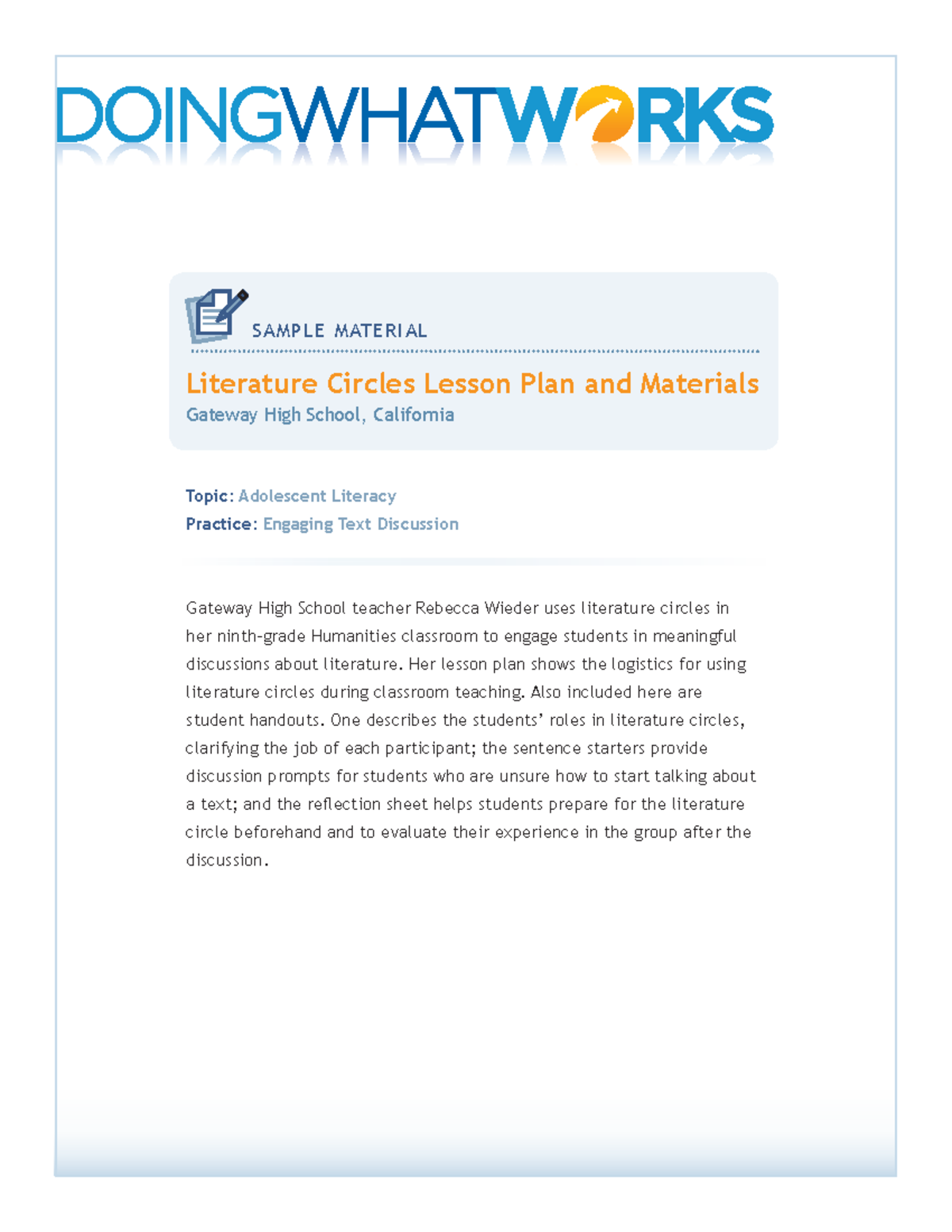 Lesson Materials-Literature Circles Example Lessons - SAMPLE MATERIAL ...