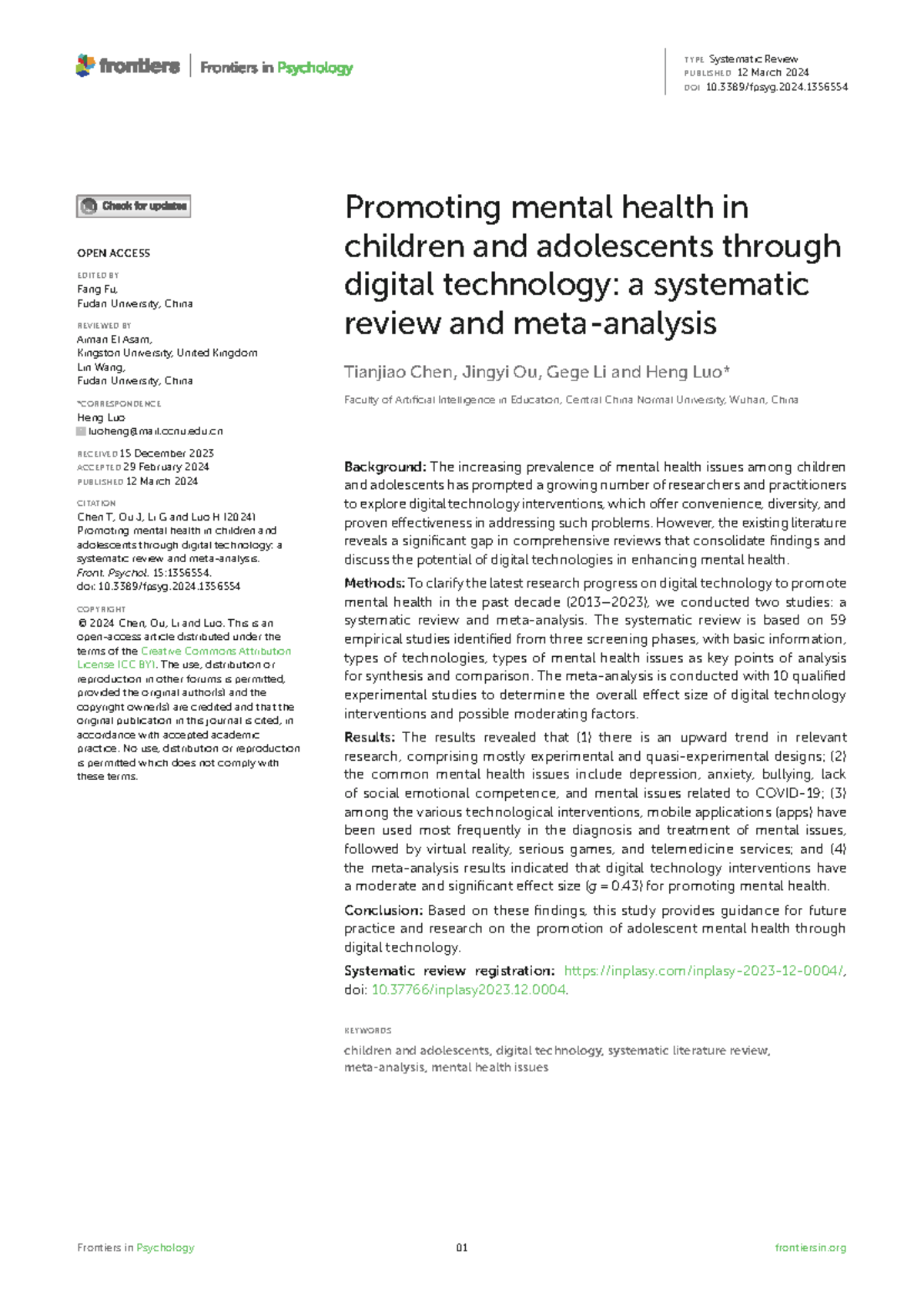 Promoting Adolescent Mental Health via Digital Tech: A Systematic ...