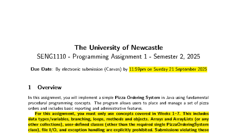 SENG1110 Assignment 1 S2 2025: Pizza Ordering System Specs - Studocu