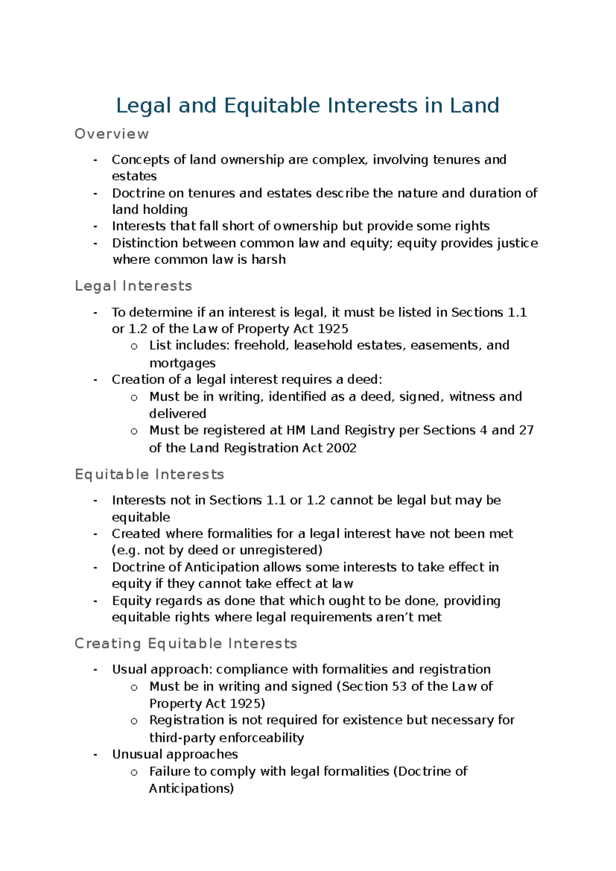 W3 Land Lecture - Legal and Equitable Intrests - Legal and Equitable ...
