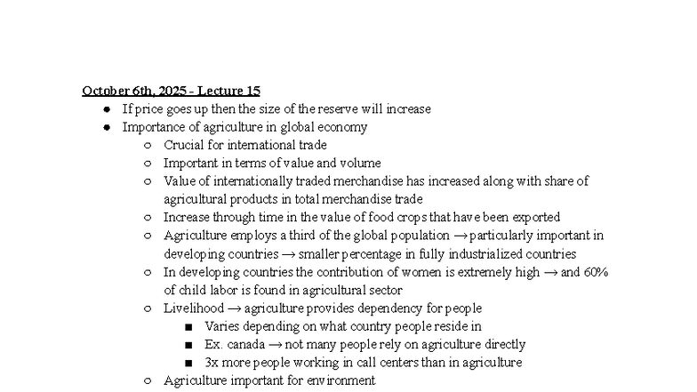 October 6, 2025 Lecture 15: Agriculture's Role in Global Economy - Studocu