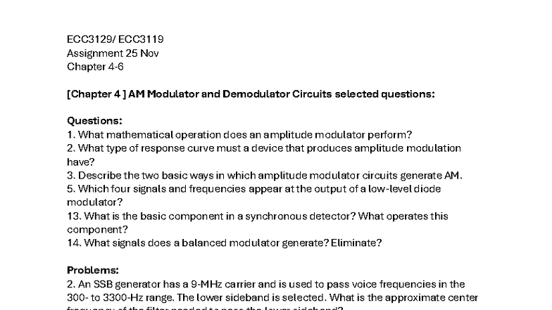 ECC3119 Assignment 25 Nov: AM & FM Modulation Selected Questions - Studocu