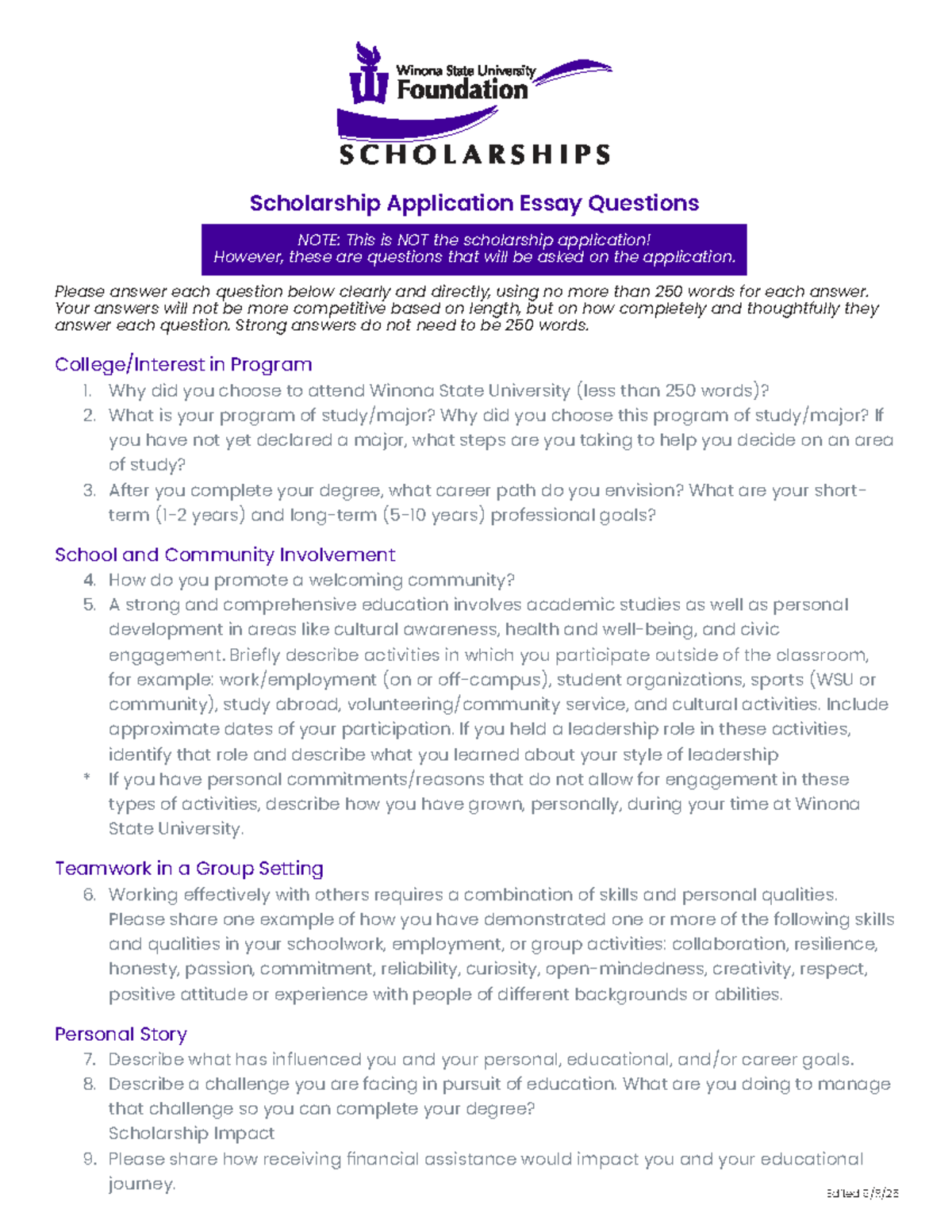 Scholarship Application Essay Questions for Program 1 - Studocu