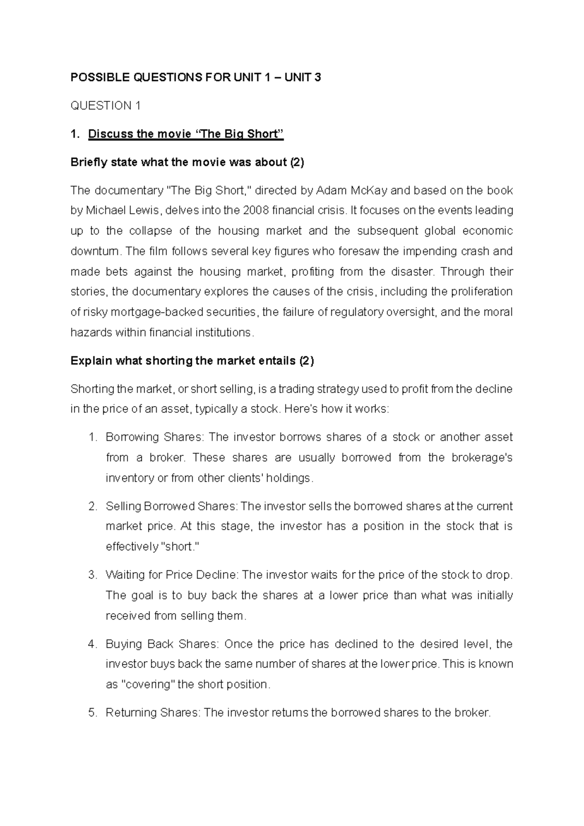 Possible Questions for Banking Law: Unit 1 & 3 Overview - Studocu