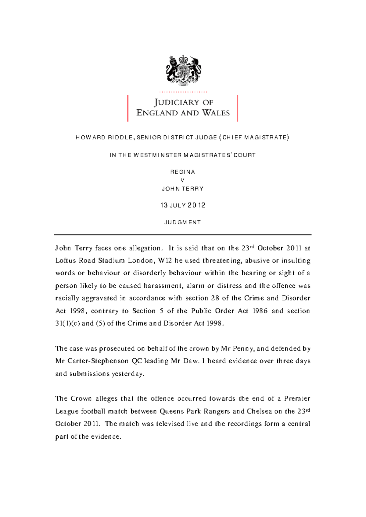 R v John Terry: Judgment Analysis - 13 July 2012 - Studocu