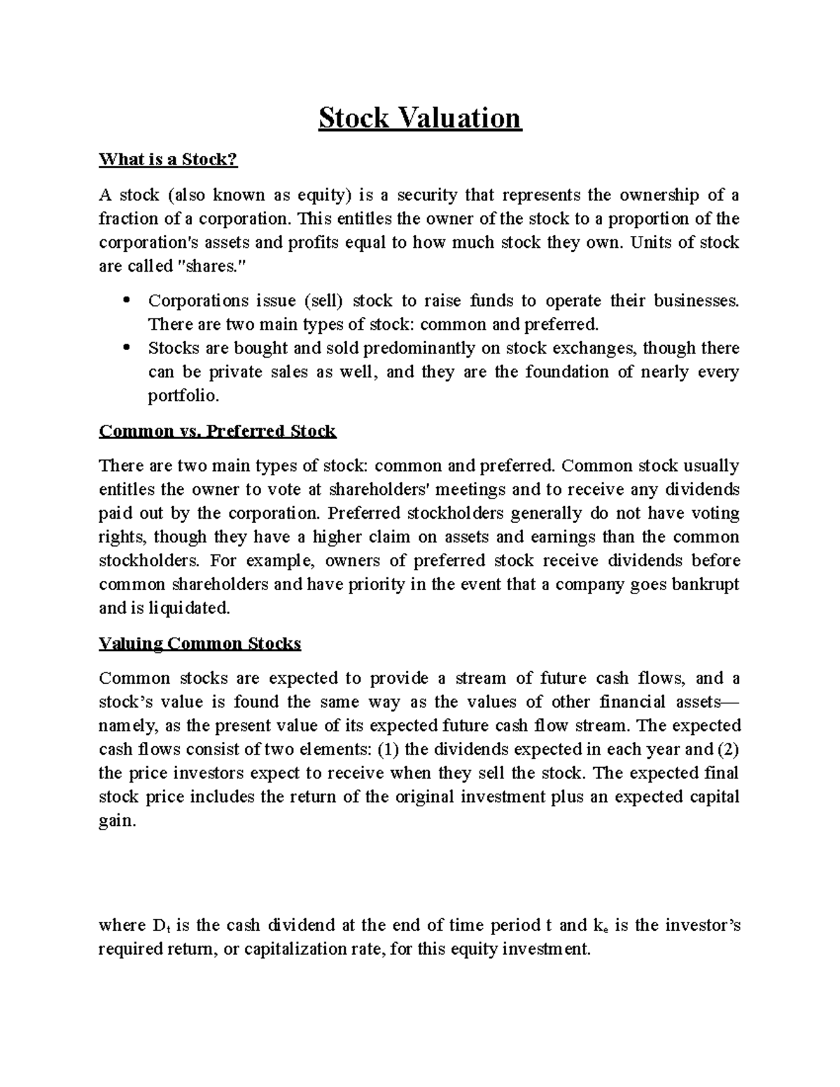 Stock Valuation - Lecture notes 4 - Stock Valuation What is a Stock? A ...
