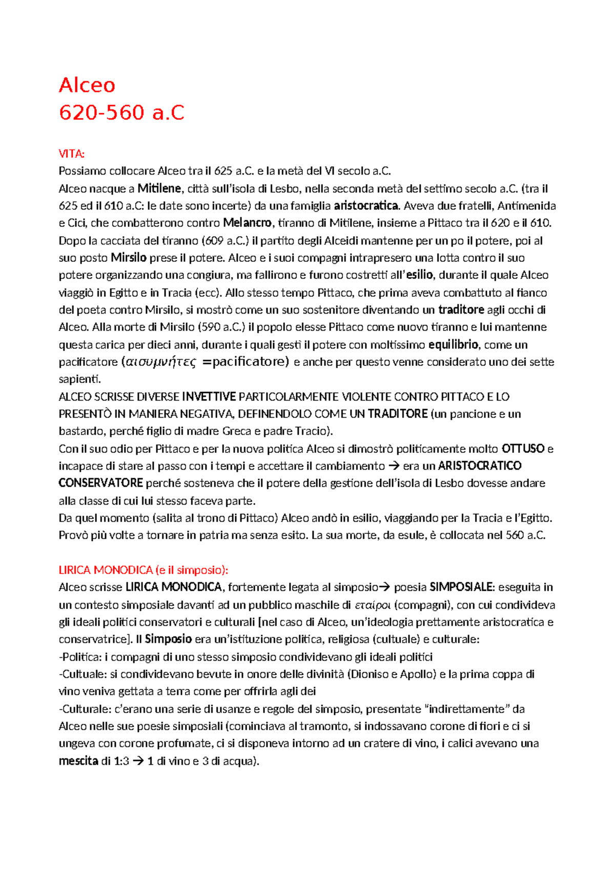 Riassunto e Appunti su Alceo - Letteratura Greca Antica (260-560 a.C ...