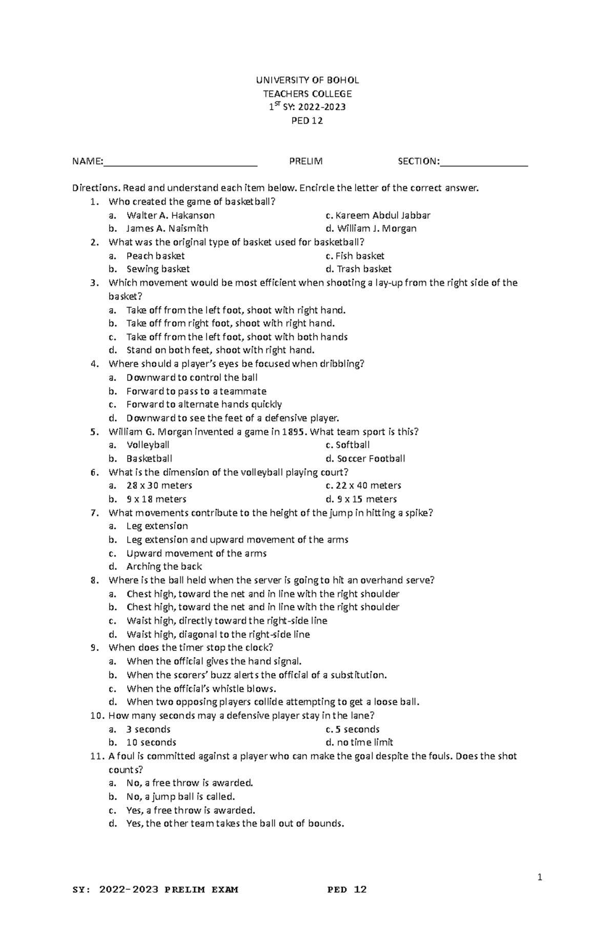 PED 12 - Prelim Exam Questions and Answers for SY 2022-2023 - Studocu