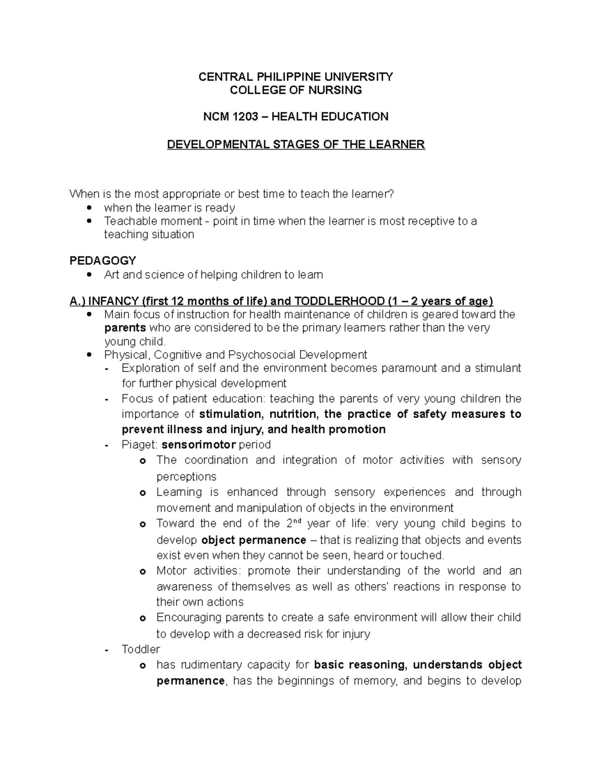 NCM 1203: Developmental Stages of the Learner in Health Education - Studocu
