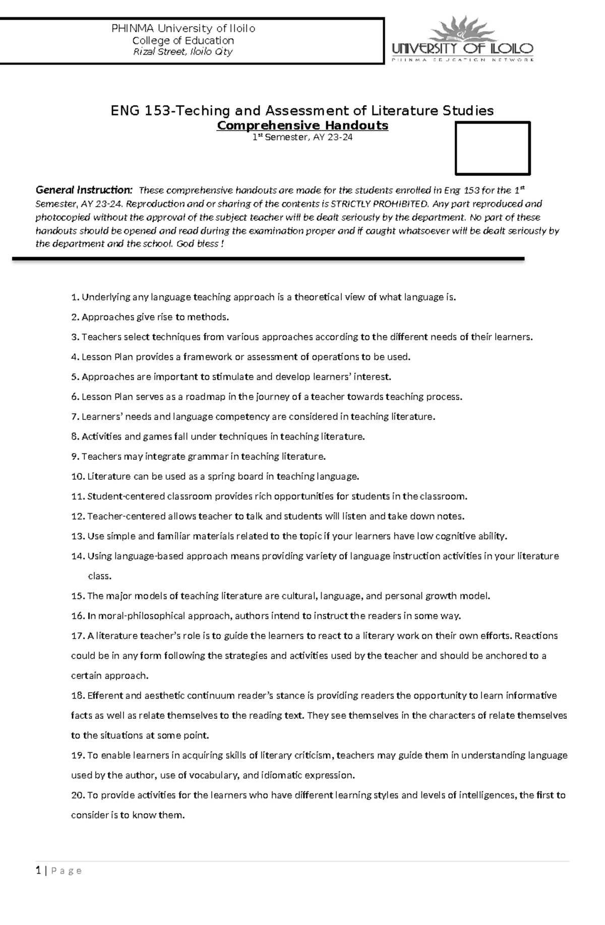 P3 ENG 153 Comprehensive Handouts for Literature Studies - Studocu