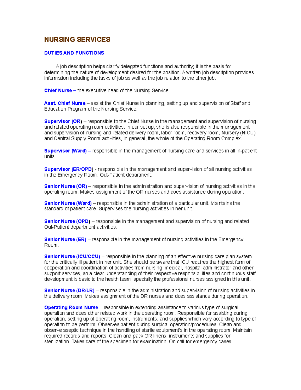 NURS 3323 Nursing Services: Duties & Functions Overview - Studocu