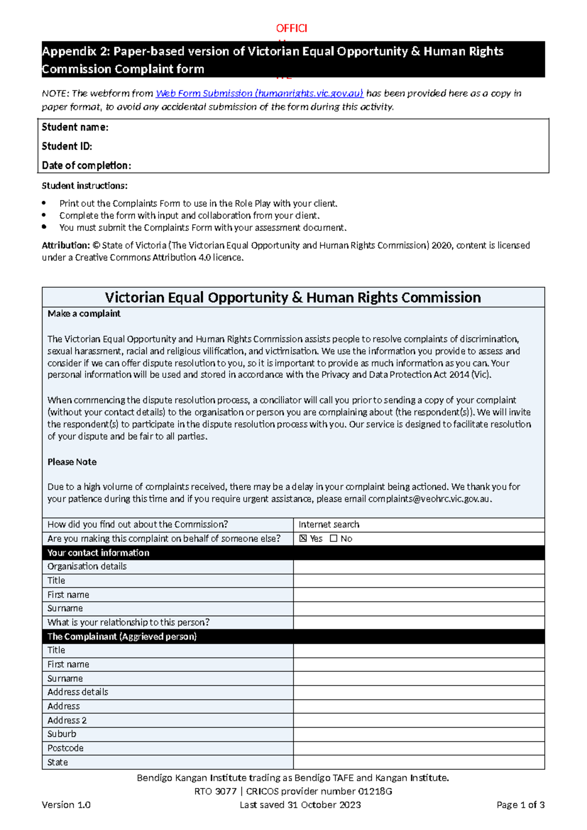 CHCADV 001 AT2: Appendix B - Complaint Form for 2024 - Studocu