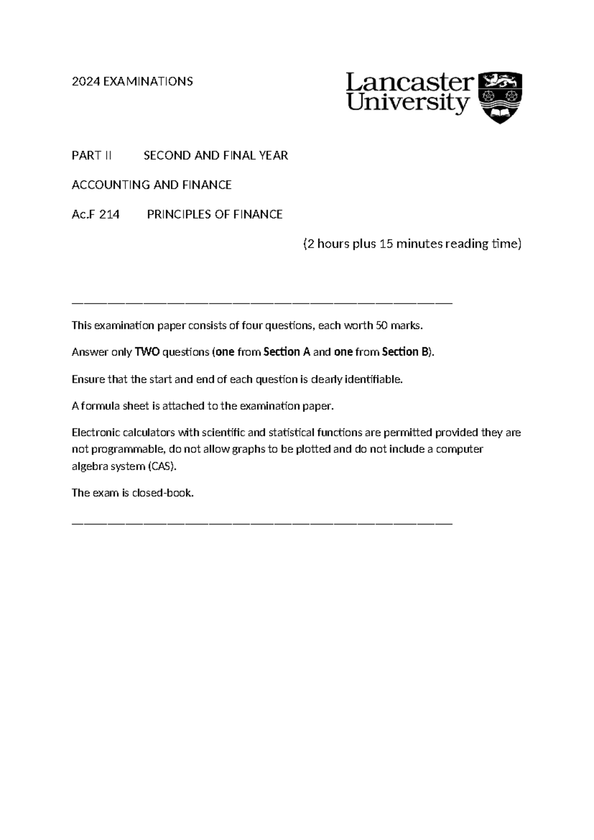 Ac.F 214 2024 principles of finance final exam paper - Studocu