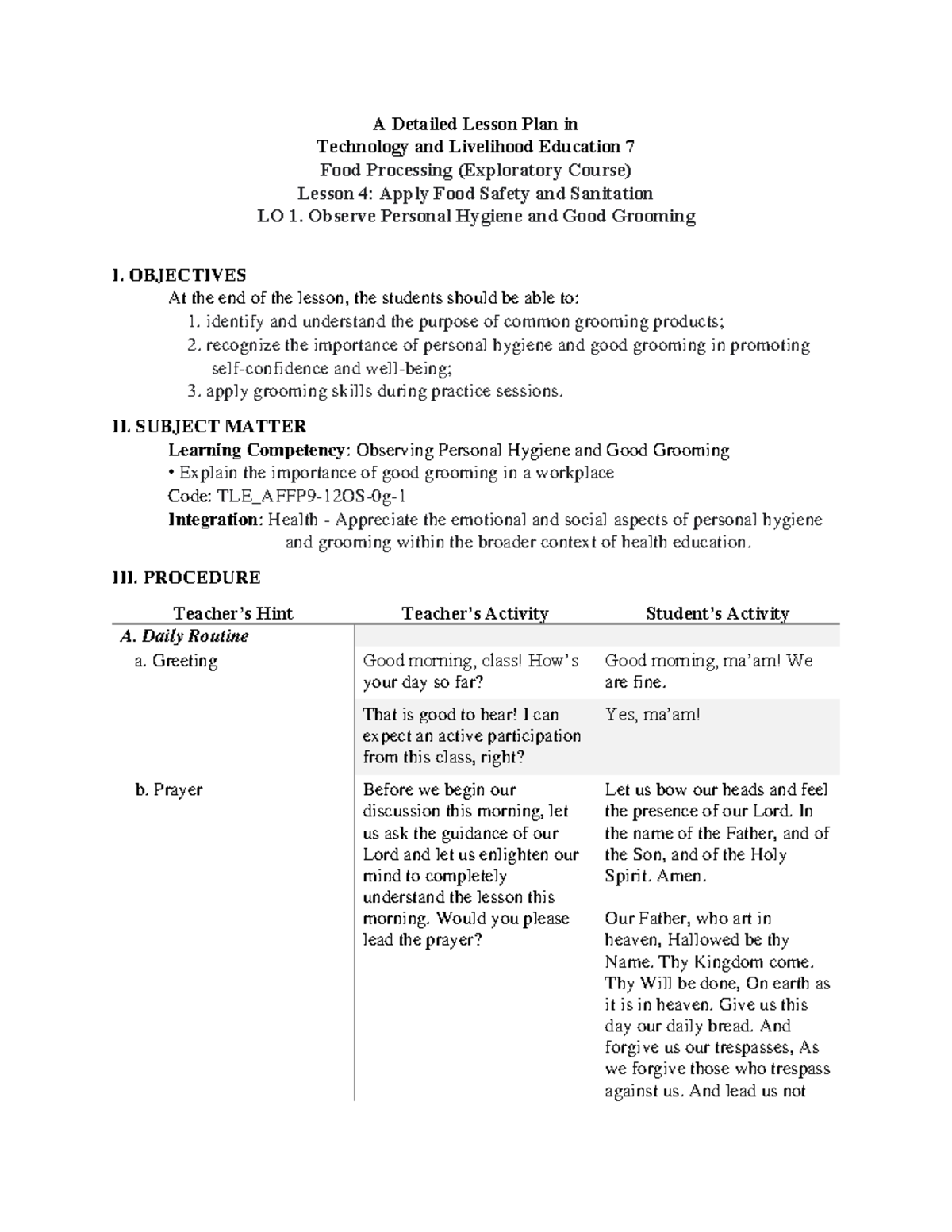 Detailed Lesson Plan in TLE 7: Personal Hygiene & Grooming - Studocu