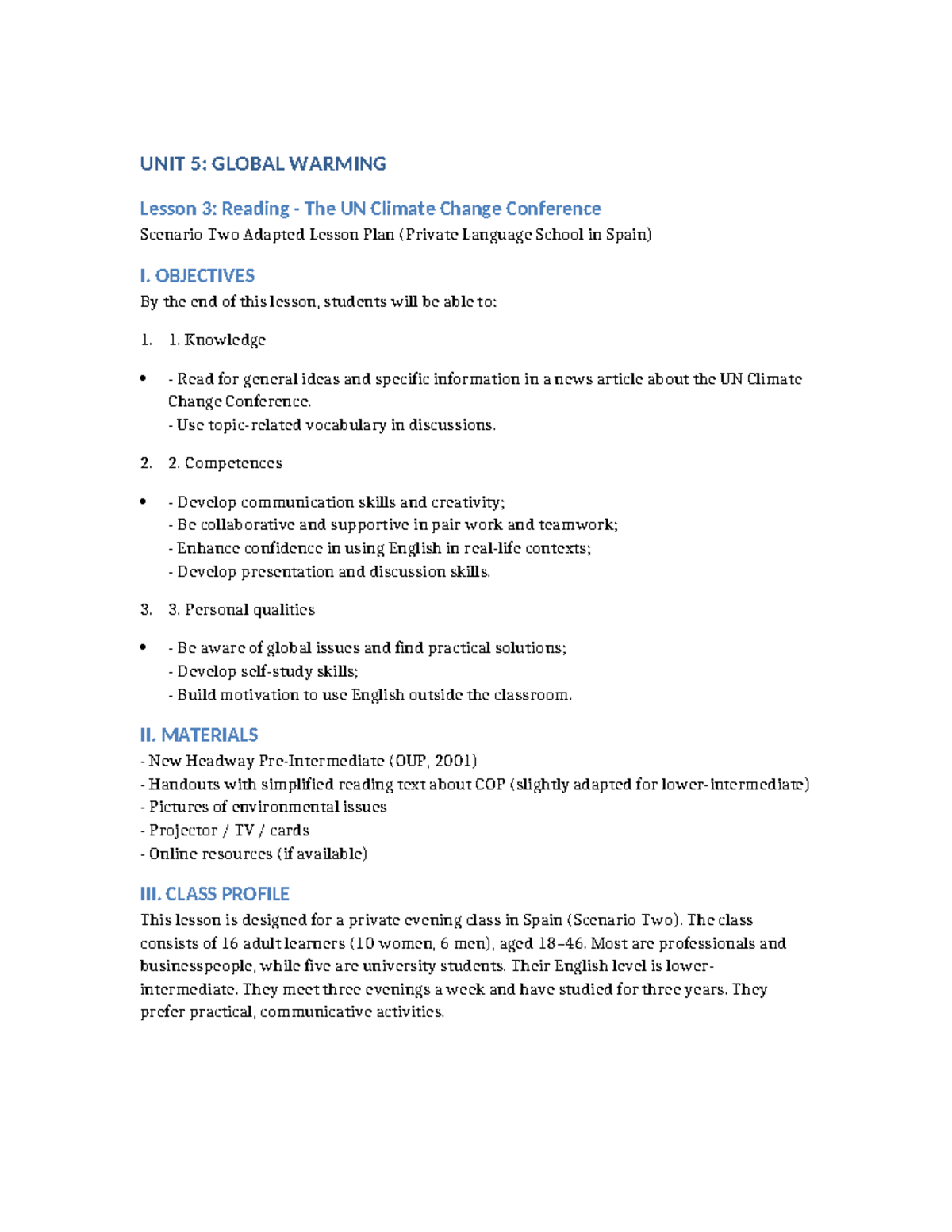 UNIT 5: GLOBAL WARMING Lesson 3 - UN Climate Change Conference Plan ...