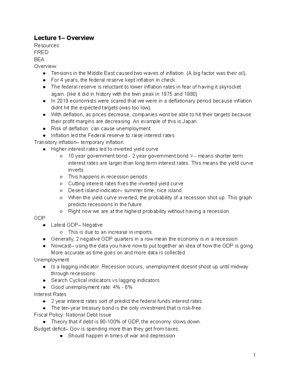 Econ 2020 Midterm 1 Lecture Notes: Inflation, GDP, and Unemployment ...