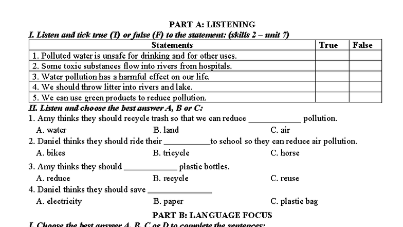 Listening and Language Skills Practice (Anh 8 - GK2) - Studocu