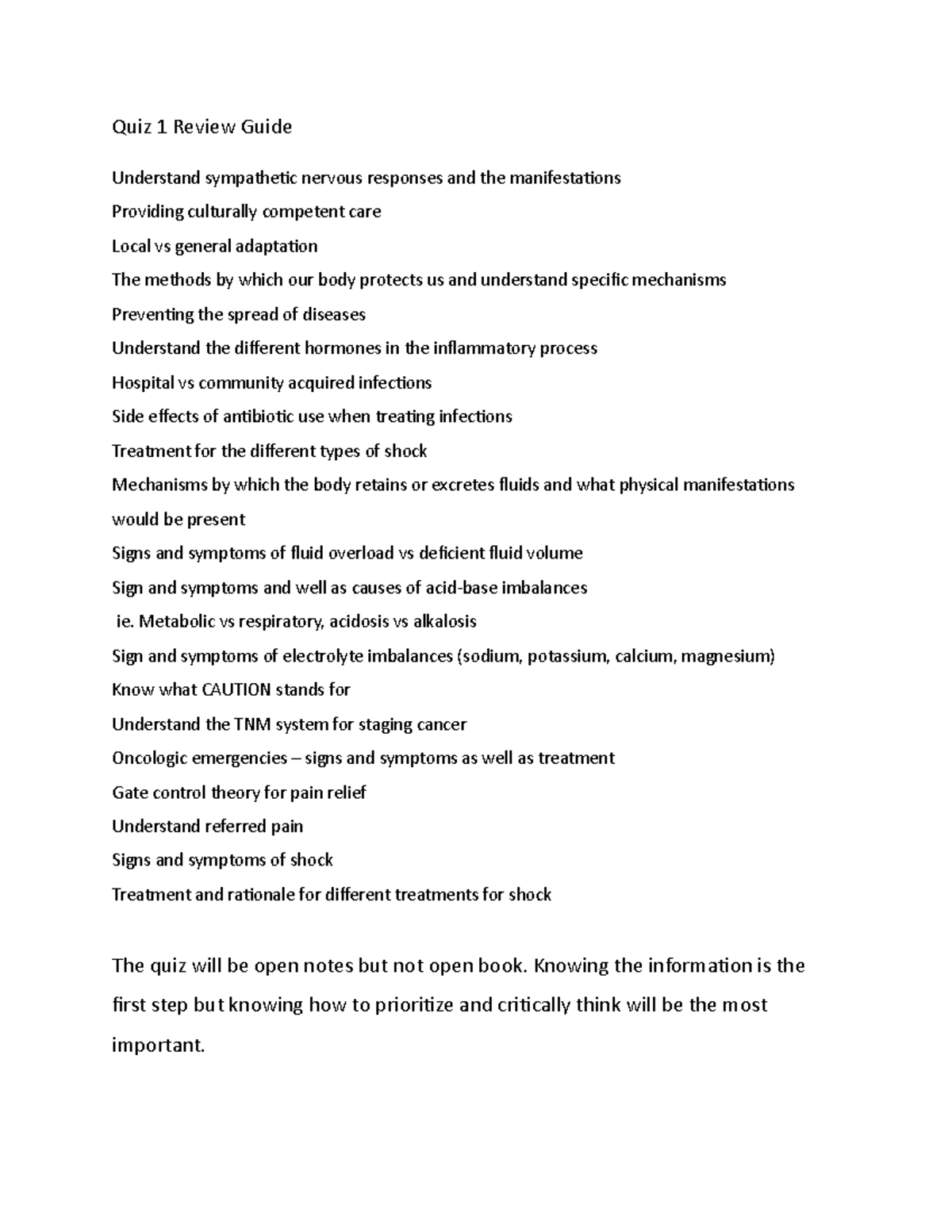 Quiz 1 Review Guide: Key Concepts on Nervous Responses & Infections ...