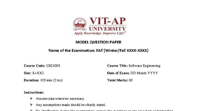 CSE1005 Final Exam Model Question Paper for Software Engineering - Studocu