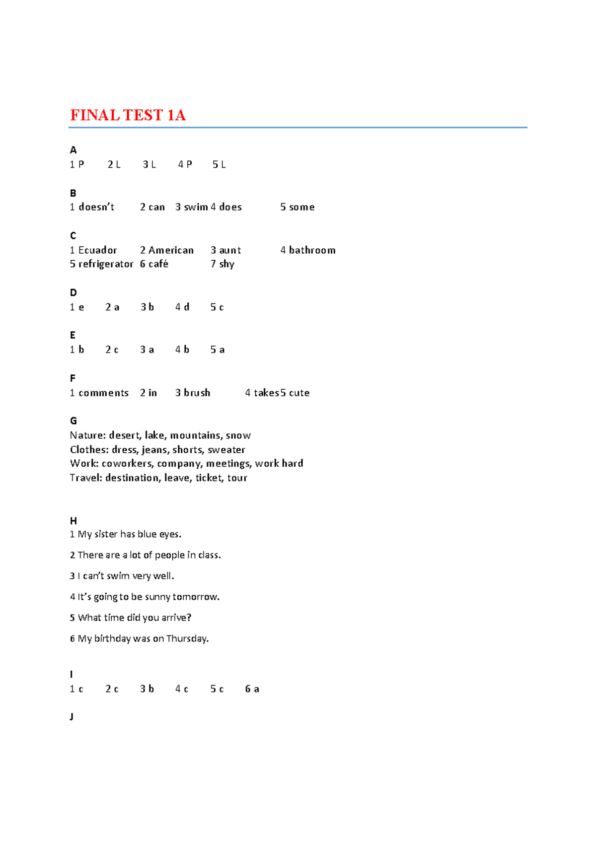 Evolve L1 Final Test A Answer Key - Comprehensive Review - Studocu