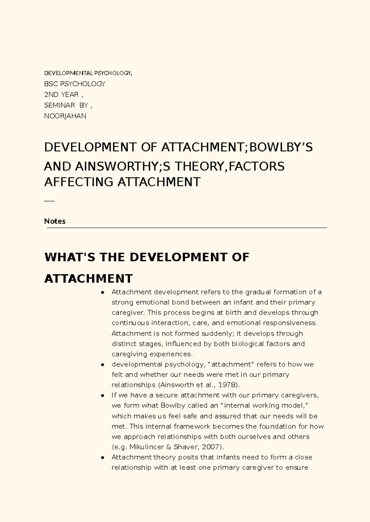 BSC Psychology 2nd Year Seminar: Development of Attachment Theory Notes ...
