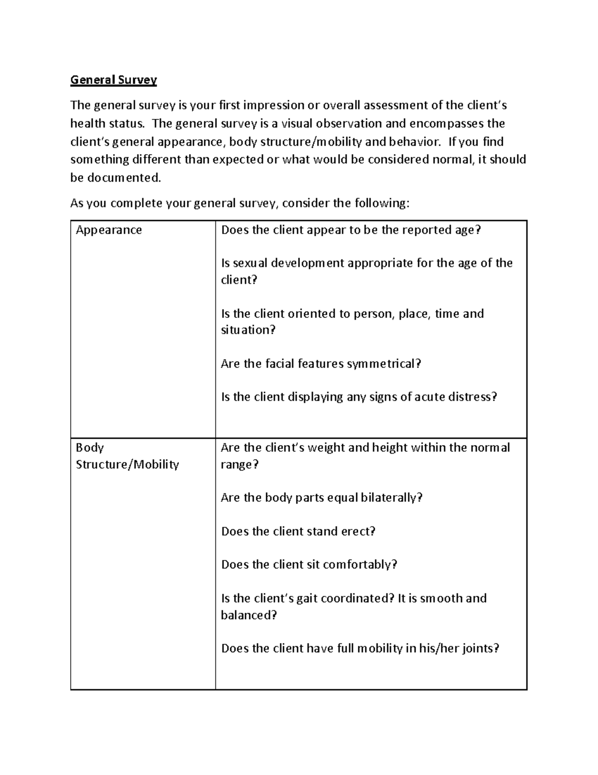 General Survey Assessment: Client Health Status Overview - Studocu