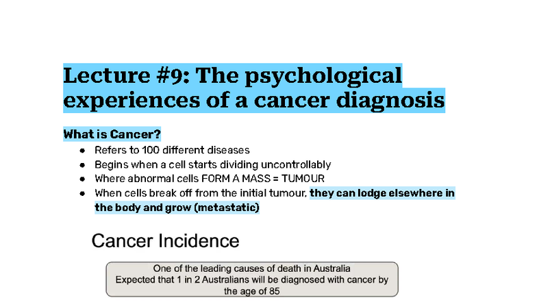 Lecture #9: Psychological Experiences of Cancer Diagnosis - Studocu