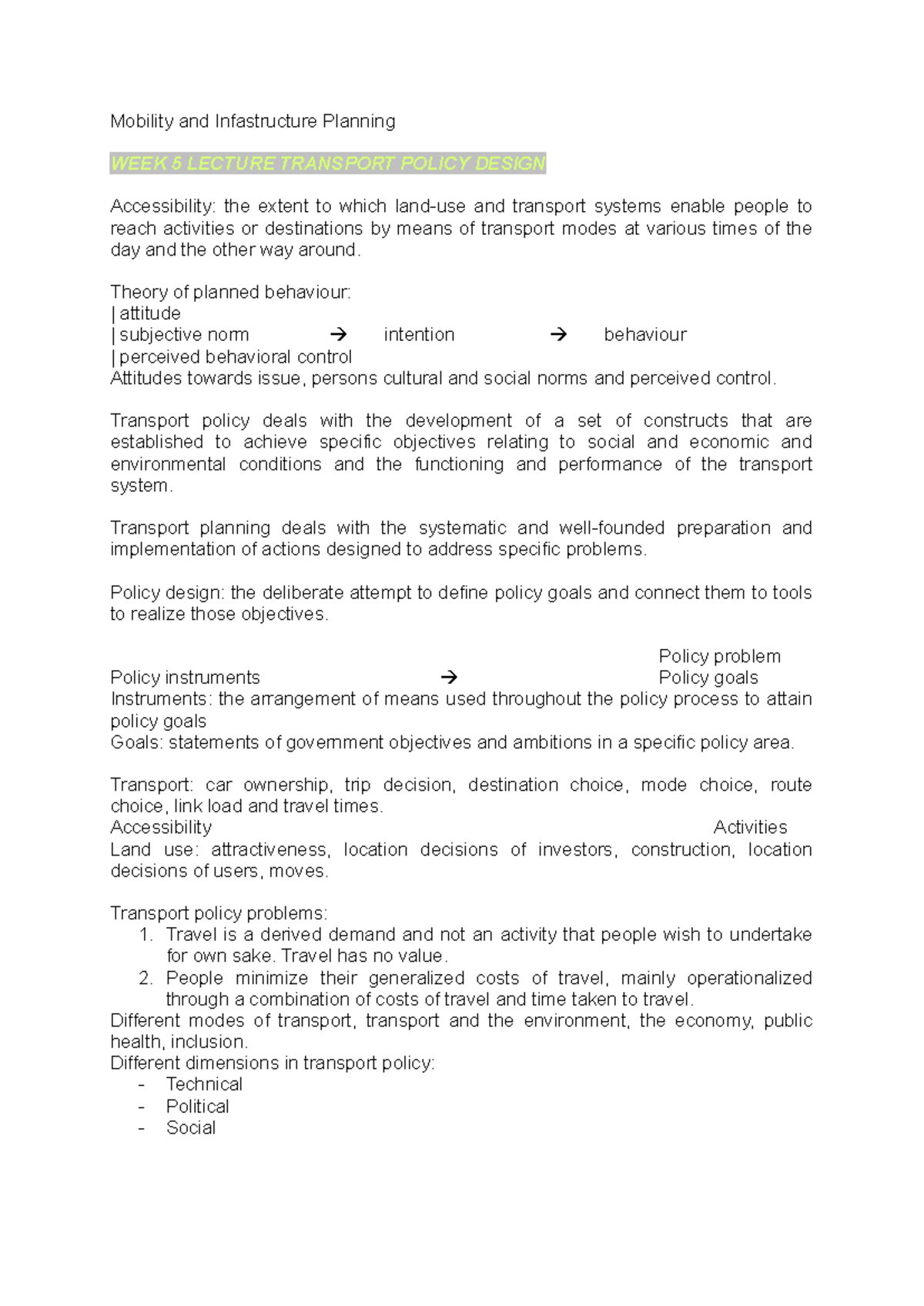 MIP 2023: Week 5-7 Lecture Notes on Transport Policy Design - Studeersnel