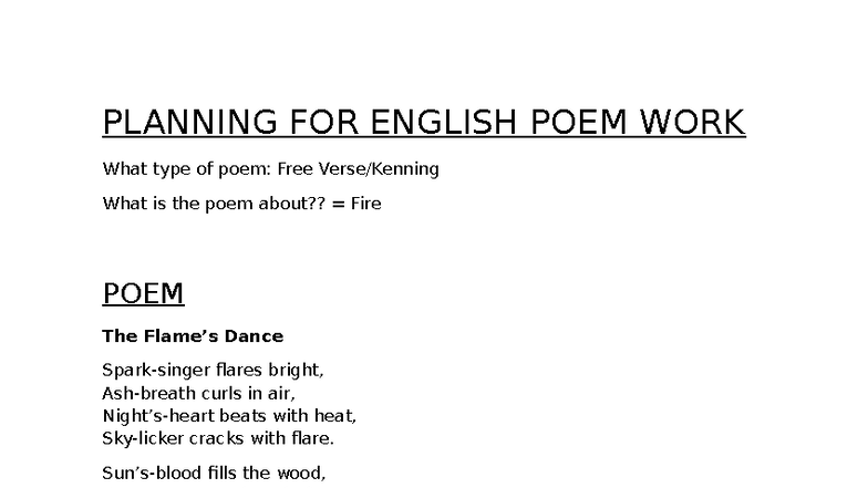 Planning FOR English POEM WORK - English Grammar Usage, Lexis and ...