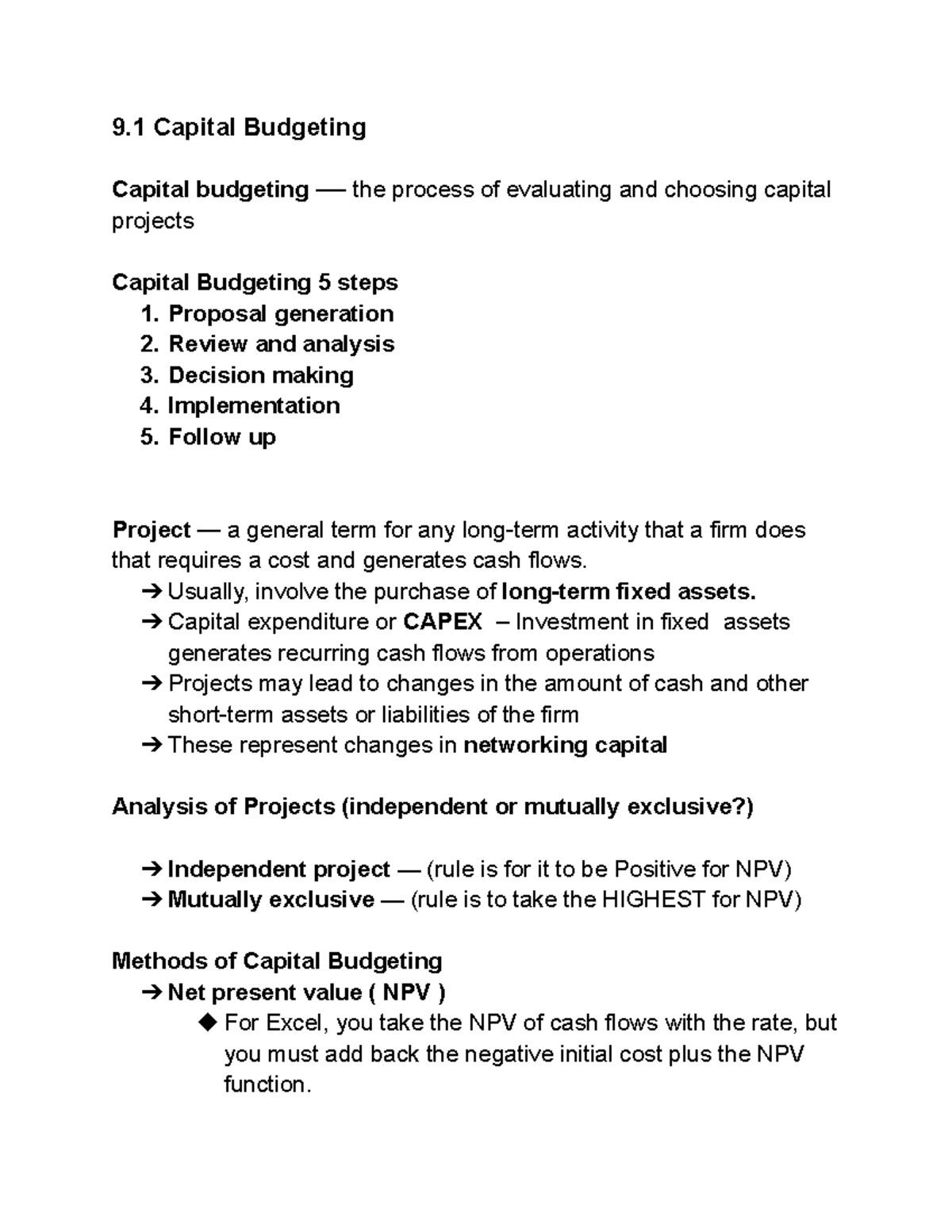 Finance notes and modules - 9 Capital Budgeting Capital budgeting ...
