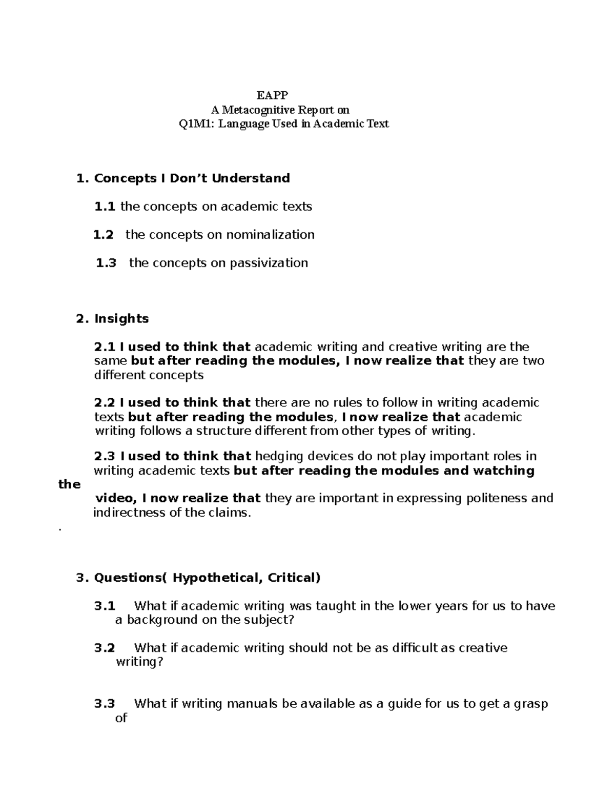 Metacognitive Report on Language in Academic Texts (EAPP Q1M1) - Studocu