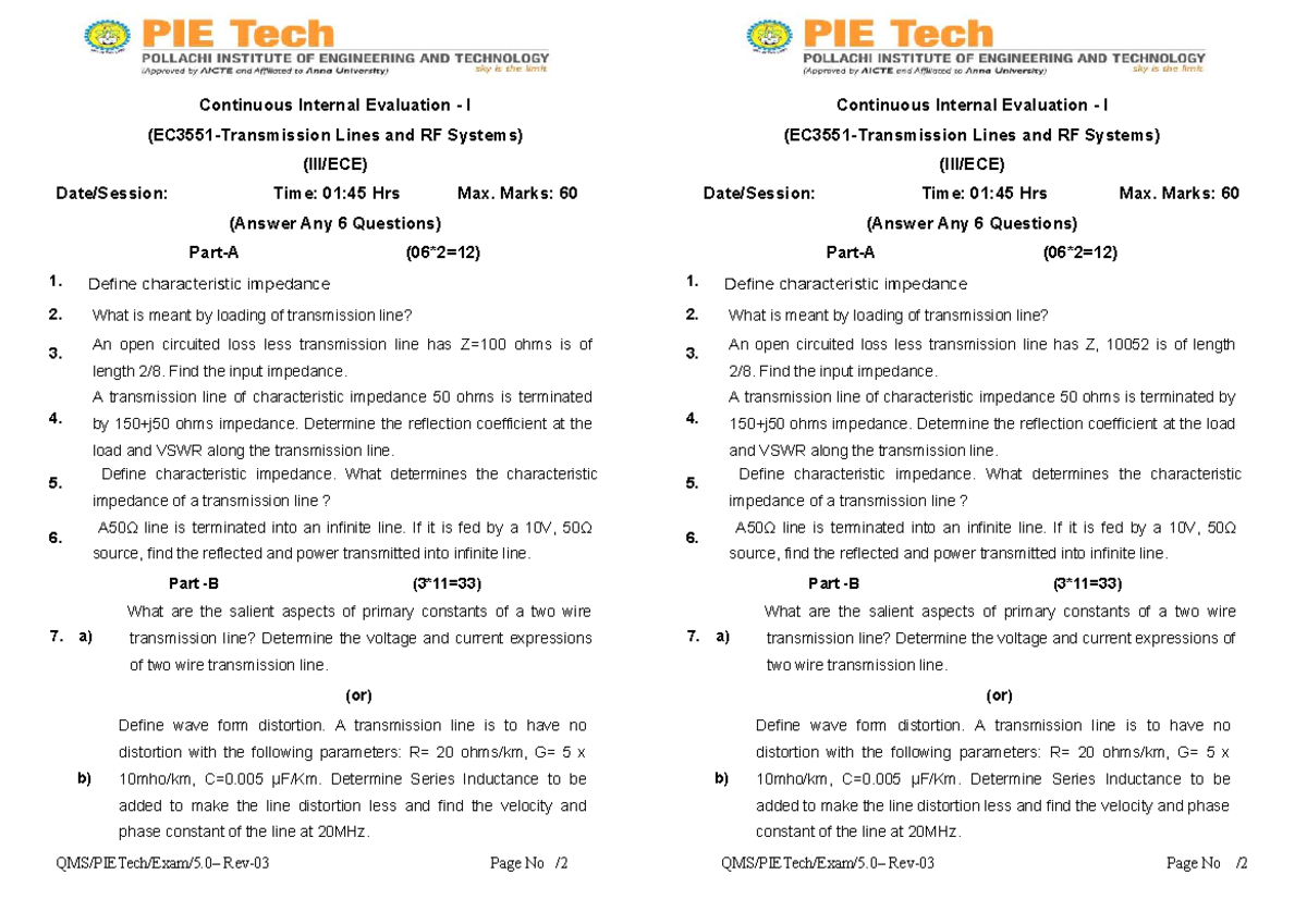 CIE I: Lines and RF Systems Evaluation Questions and Answers - Studocu