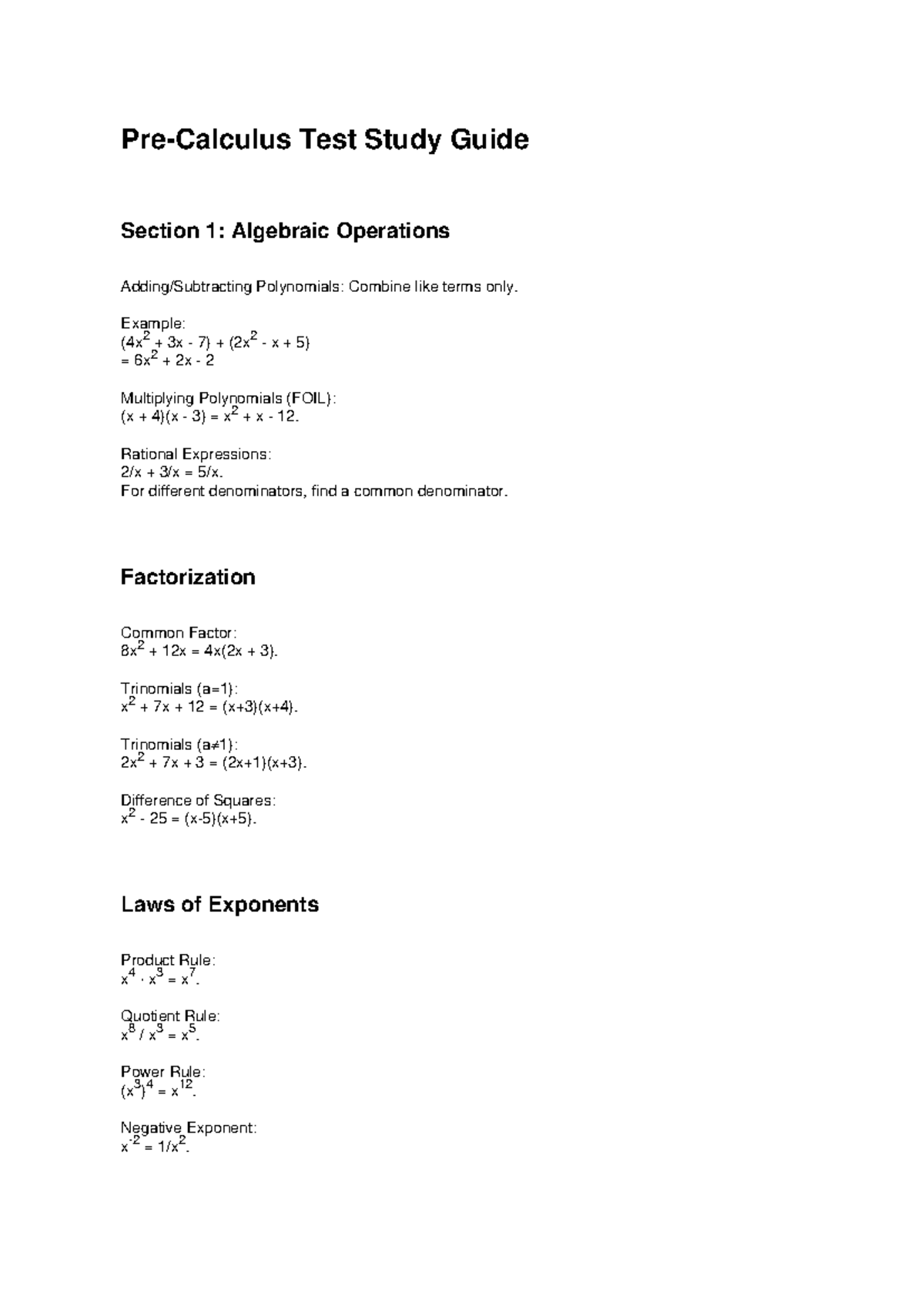 Algebraic Operations Study Guide: Test Week 3 - Studocu